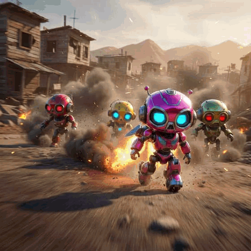 A Group Of Robots Are Running Through A Destroyed City GIF