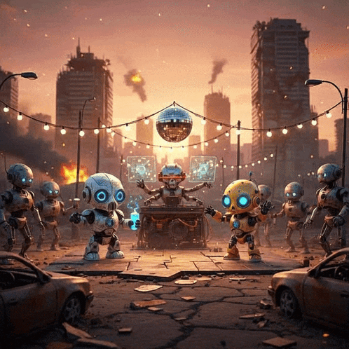A Group Of Robots Are Standing Around A Disco Ball In A City GIF