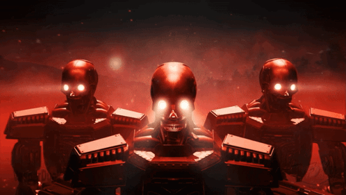 A Group Of Robots With Skulls On Their Heads GIF