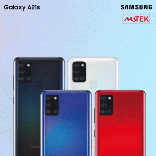 A Group Of Samsung Galaxy A21s Phones Are Lined Up GIF