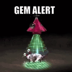 A Group Of Sheep Are Standing In Front Of A Christmas Tree With The Words Gem Alert Written On It . GIF