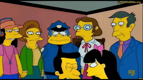 A Group Of Simpsons Characters Are Gathered Around A Man In A Police Uniform GIF