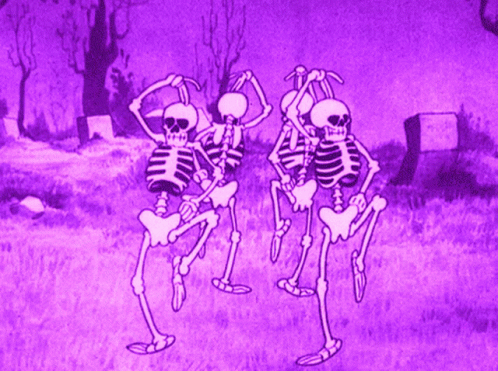 A Group Of Skeletons Are Dancing In A Cemetery In A Purple Background GIF