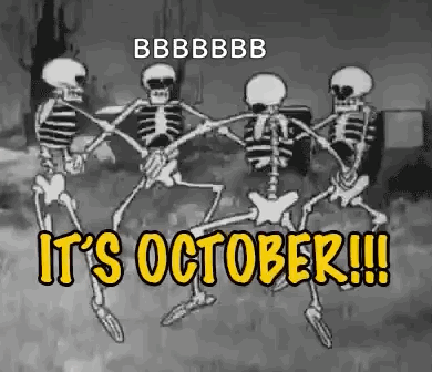 A Group Of Skeletons Are Dancing In A Cemetery With The Words `` It 'S October !!! '' . GIF