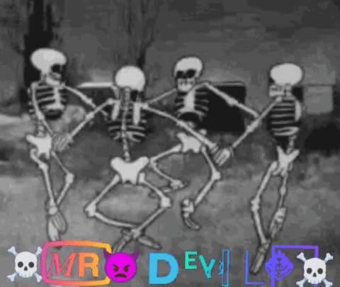 A Group Of Skeletons Are Dancing In A Circle With The Words Mr Devil Written In The Background GIF