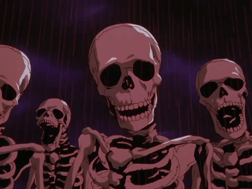 A Group Of Skeletons Are Standing In A Dark Room GIF
