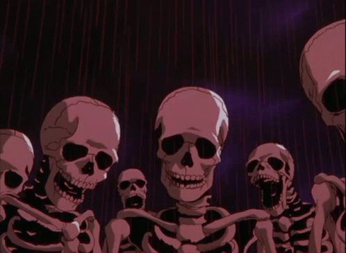 A Group Of Skeletons Are Standing In A Dark Room GIF