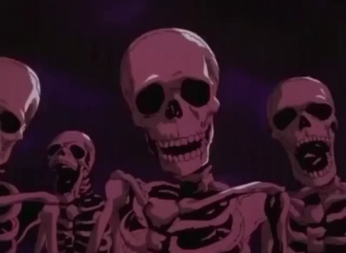 A Group Of Skeletons Are Standing Next To Each Other In A Dark Room GIF