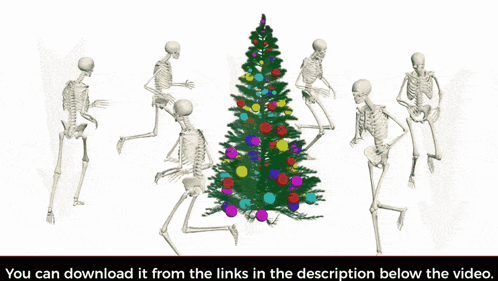 A Group Of Skeletons Standing Around A Christmas Tree With The Words " You Can Download It From The Links In The Descrip GIF