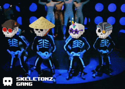 A Group Of Skeletons Standing Next To Each Other With The Words Skeletonz Gang Written Below Them GIF