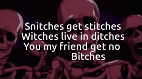 A Group Of Skeletons With The Words " Snitches Get Stitches Witches Live In Ditches " On The Bottom GIF