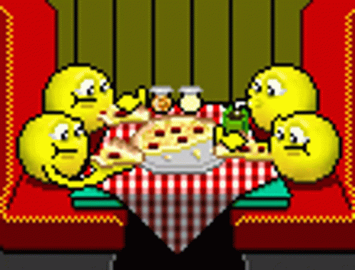 a group of smiley faces are sitting around a table with pizza