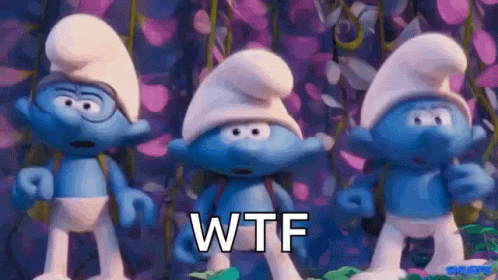 A Group Of Smurfs Standing Next To Each Other With The Words Wtf Written On Their Faces . GIF