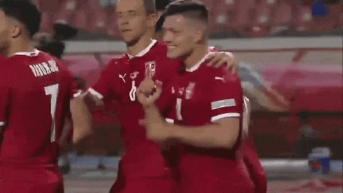 A Group Of Soccer Players Are Celebrating A Goal On A Field GIF