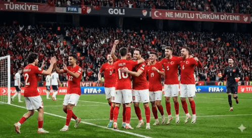 a group of soccer players are celebrating a goal on a field