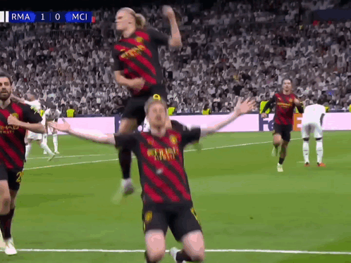 A Group Of Soccer Players Are Celebrating A Goal With A Score Of 10 To 0 GIF