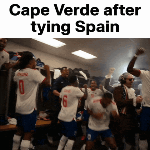 A Group Of Soccer Players Are Celebrating In A Locker Room And The Caption Says Cape Verde After Tying Spain GIF
