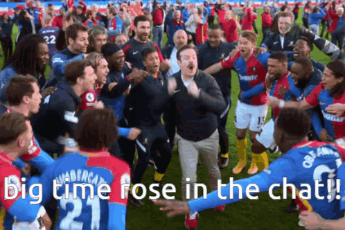 A Group Of Soccer Players Are Celebrating On A Field With The Caption " Big Time Pose In The Chat ! " GIF