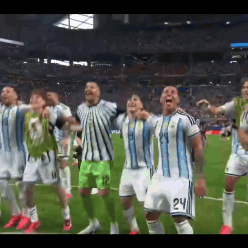 A Group Of Soccer Players Are Celebrating On The Field With A Visa Ad In The Background GIF