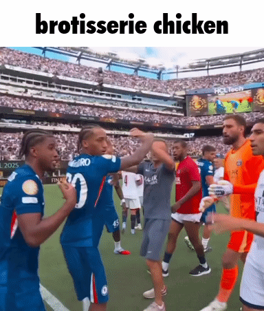 A Group Of Soccer Players Are Dancing On A Field With The Caption " Brotisserie Chicken " Above Them GIF