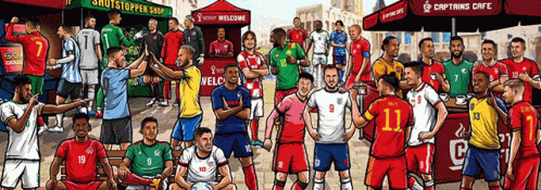 A Group Of Soccer Players Are Gathered In Front Of A Captains Cafe GIF