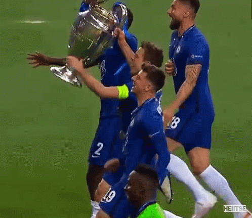 A Group Of Soccer Players Are Holding A Trophy On The Field . GIF