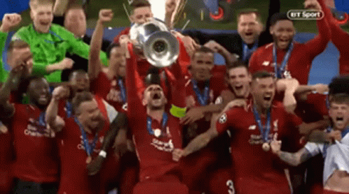A Group Of Soccer Players Are Holding Up A Trophy In The Air GIF