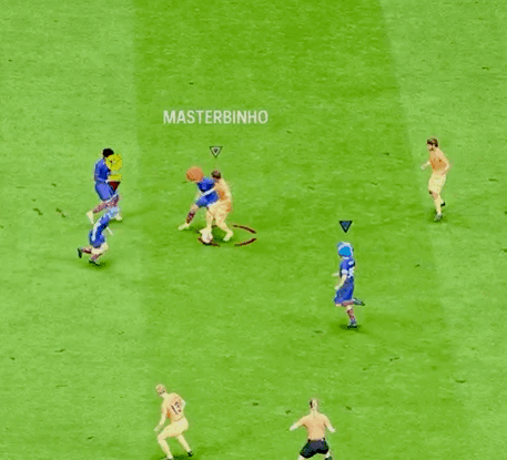 A Group Of Soccer Players Are Playing On A Field With A Yellow Sign That Says " Your Money " GIF