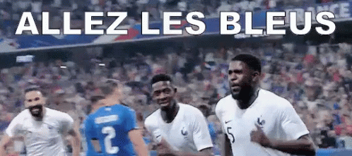 A Group Of Soccer Players Are Running On A Field With The Words Allez Les Bleu Written On The Bottom . GIF