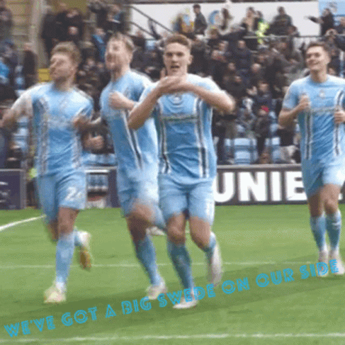 A Group Of Soccer Players Are Running On A Field With The Words We 'Ve Got A Big Swede On Our Side GIF