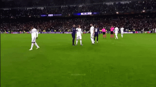 A Group Of Soccer Players Are Standing On A Field With A Sign That Says Fifa Champions League GIF