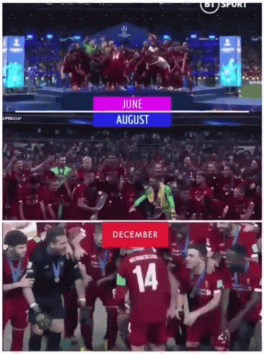 A Group Of Soccer Players Are Standing On A Stage And One Has The Number 14 On His Jersey GIF
