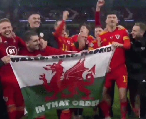 A Group Of Soccer Players Hold A Flag That Says In That Order GIF
