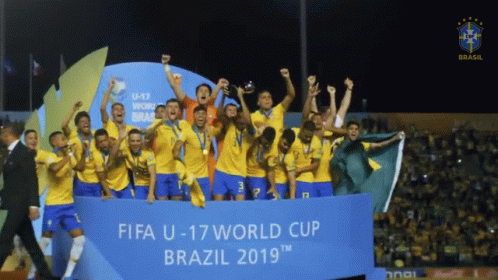 A Group Of Soccer Players Holding Up A Trophy In Front Of A Banner That Says Fifa U-17 World Cup Brazil 2019 GIF