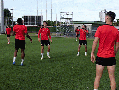 A Group Of Soccer Players In Red Shirts Are Playing On A Field GIF