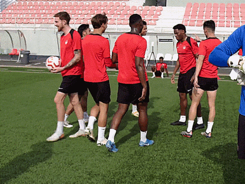 A Group Of Soccer Players In Red Shirts Are Standing On The Field GIF