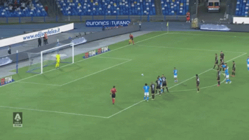 A Group Of Soccer Players On A Field With An Ad For Euronics I Tufano Behind Them GIF