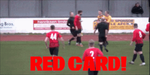A Group Of Soccer Players On A Field With The Words Red Card Written In Red GIF