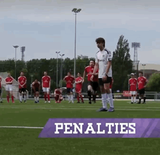 a group of soccer players standing on a field with the word penalties on the bottom
