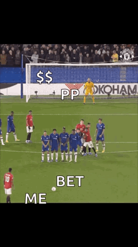 a group of soccer players standing on a field with the words me bet