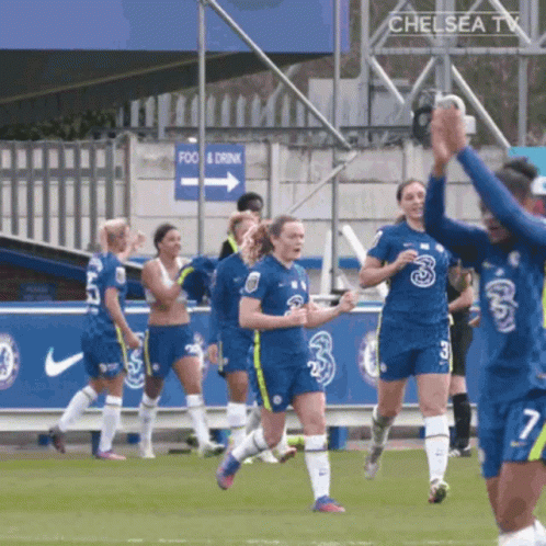 A Group Of Soccer Players Wearing Blue Jerseys With The Number Three On Them GIF