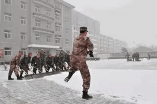 A Group Of Soldiers Are Clearing Snow From A Sidewalk GIF
