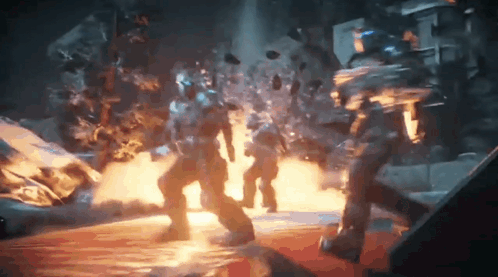 A Group Of Soldiers Are Fighting Each Other In A Video Game In A Dark Room . GIF