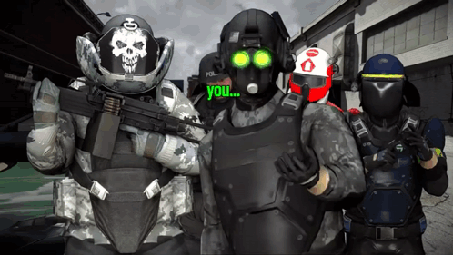 A Group Of Soldiers Are Posing For A Picture And One Of Them Is Wearing A Helmet That Says " You " GIF