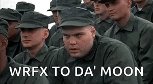 A Group Of Soldiers Are Sitting In A Row With The Words `` Wrfx To Da ' Moon '' Above Them . GIF