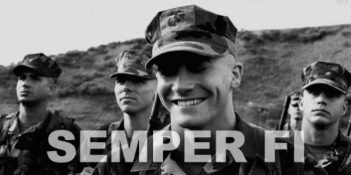 A Group Of Soldiers Are Smiling In A Black And White Photo With The Words Semper Fi Written In White Letters . GIF