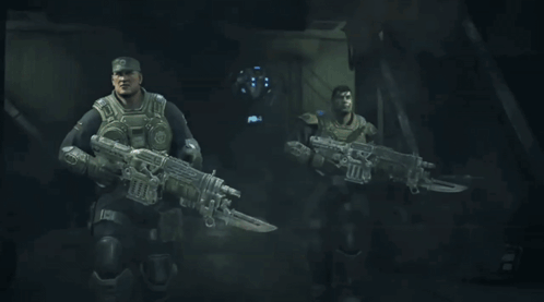 A Group Of Soldiers Are Standing In A Dark Room With Guns GIF