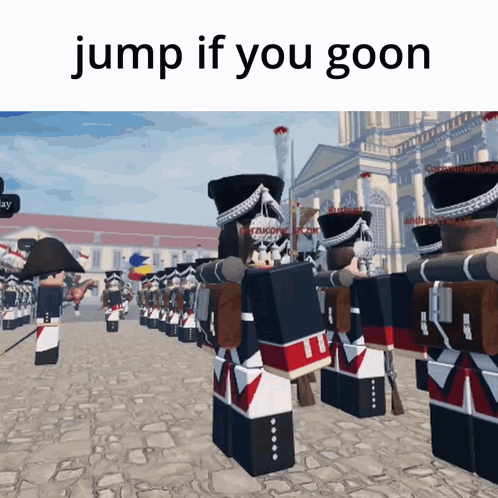 A Group Of Soldiers Are Standing In A Line With The Words Jump If You Goon Above Them GIF