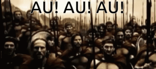 A Group Of Soldiers Are Standing In Front Of A Banner That Says " Au Au Au " GIF