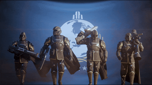 A Group Of Soldiers Are Standing In Front Of A Blue Background With A Globe In The Background GIF